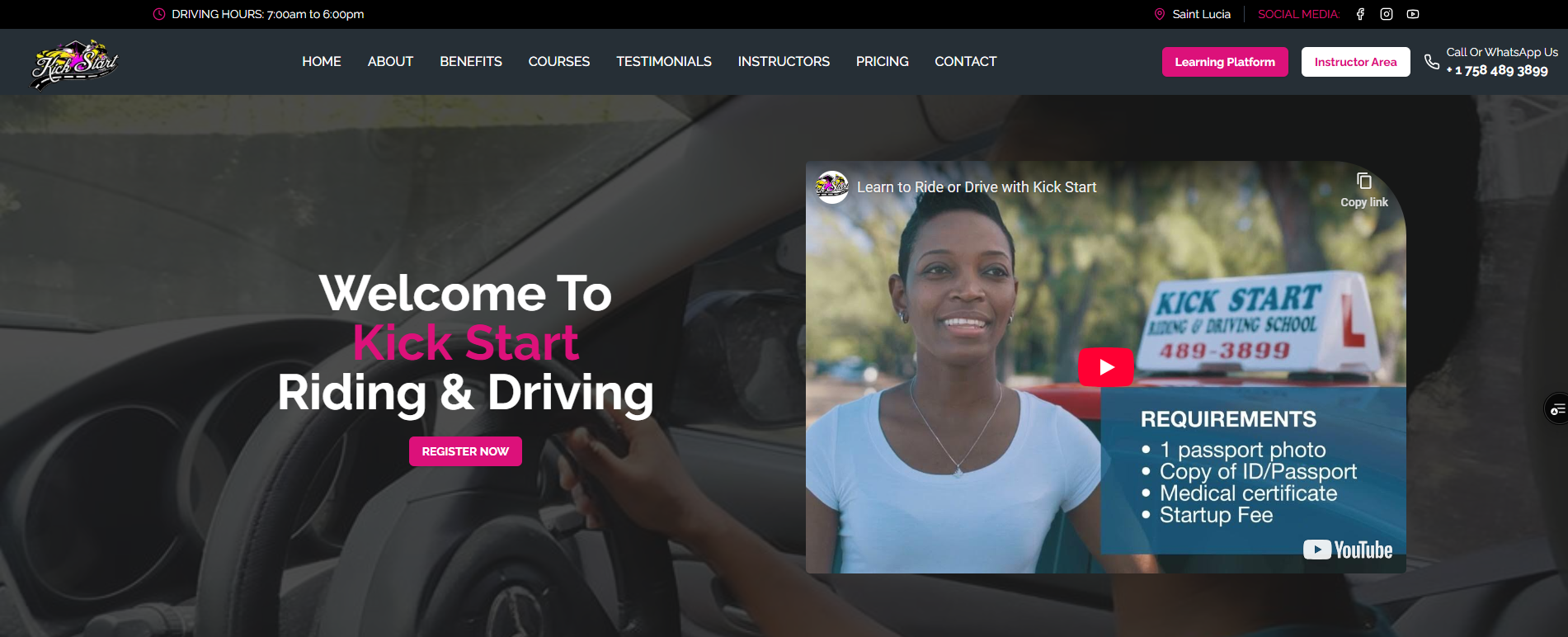 Kickstart St. Lucia - Professional riding and driving school website showcasing road safety education, motorcycle training, and comprehensive driver education services in St. Lucia